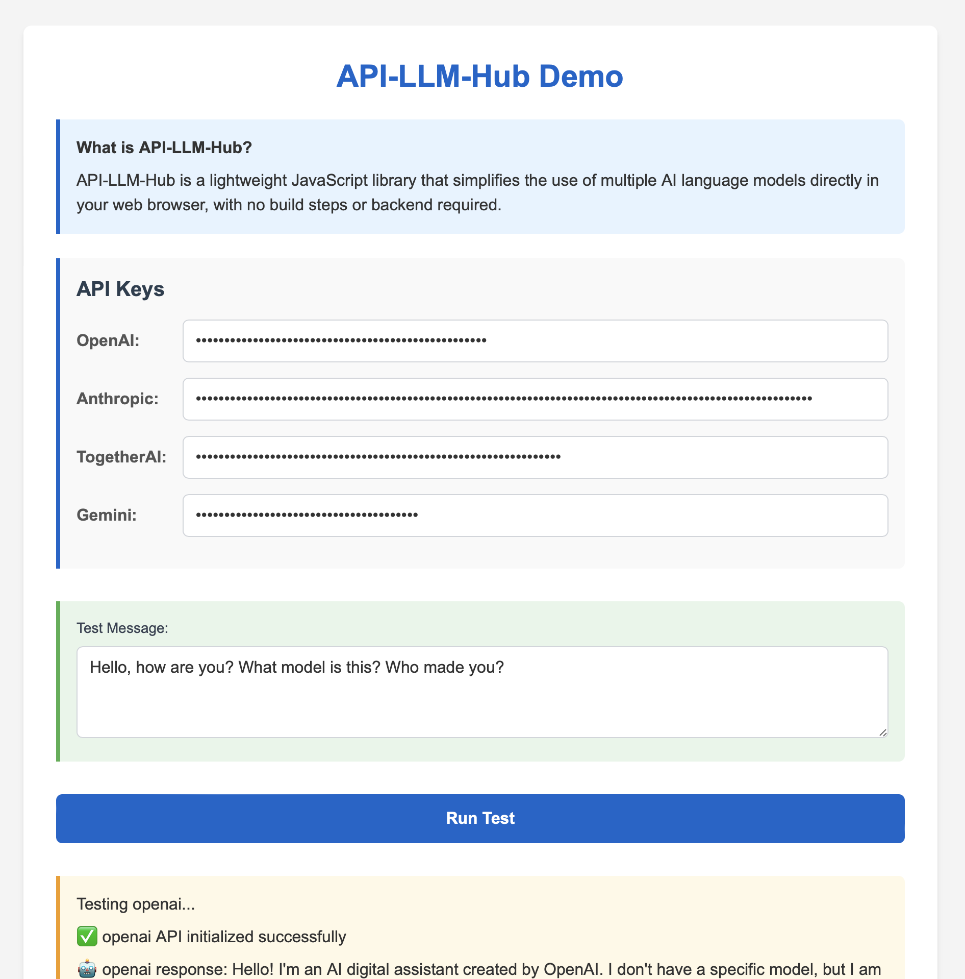 API-LLM-Hub is a lightweight JavaScript library that simplifies the use of multiple AI language models directly in your web browser, with no build ste